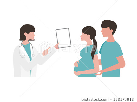 向量圖，一位女醫生正在使用平板電腦（面向右側，藍色）向一對懷孕夫婦解釋醫學資訊。 138173918