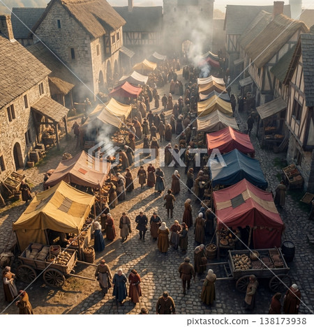Ancient Street Bustling With Vendors. Lively Medieval Marketplace Scene With Merchants And Craftsmen Ancient Street Bustling With Vendors. Lively Medieval Marketplace Scene With Merchants And Craftsmen 138173938