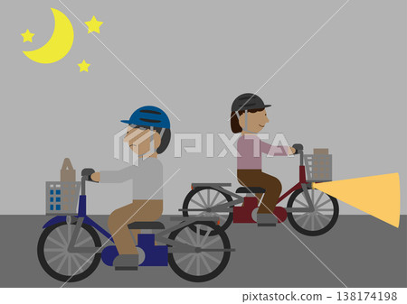 Illustrations illustrating the difference between cycling without lights and cycling with lights on at night. 138174198