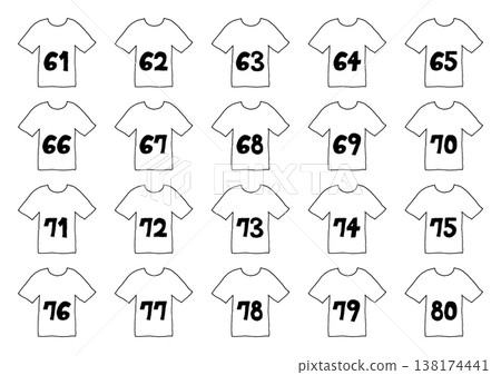 A set of hand-drawn illustrations of shirts with the numbers 61 through 80 written on them. A set of hand-drawn illustrations of shirts with the numbers 61 through 80 written on them. 138174441
