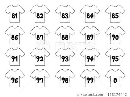 A set of hand-drawn illustrations of shirts with the numbers 0 and 81 through 99 written on them. 138174442