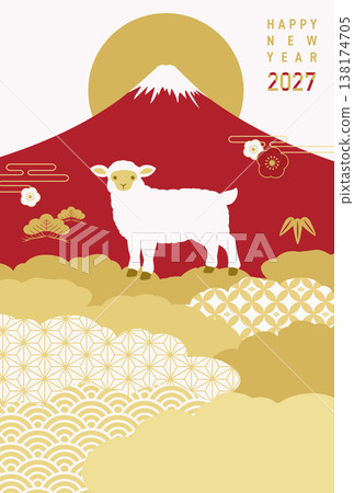 一張以富士山和新年第一道陽光為主題的2027新年賀卡。羊年賀卡模板。採用日式金色雲朵和綿羊圖案。向量圖。 一張以富士山和新年第一道陽光為主題的2027新年賀卡。羊年賀卡模板。採用日式金色雲朵和綿羊圖案。向量圖。 138174705