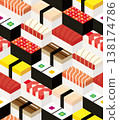 Sushi in isometric design (seamless design) 138174786