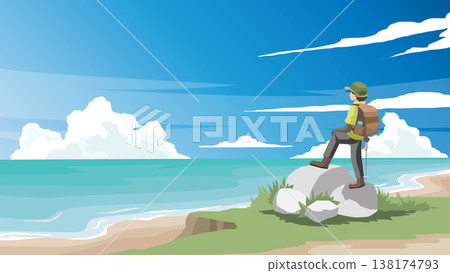 Vector illustration of a traveler with a backpack standing on rocks. Looking out at the viewpoint the vast ocean and blue sky. Representing freedom adventure and solo travel. 138174793
