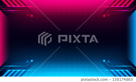 Futuristic neon digital grid background with pink and blue glowing circuit accents for gaming and technology wallpaper Futuristic neon digital grid background with pink and blue glowing circuit accents for gaming and technology wallpaper 138174863