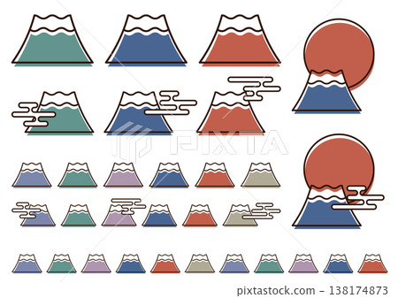 一組復古風格的富士山圖案印刷品，看起來略微錯位。 138174873