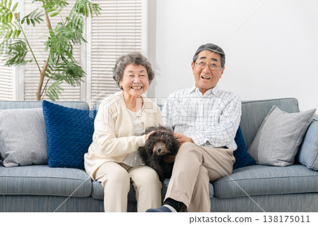 Senior couple spending time with their dog in the living room Senior couple spending time with their dog in the living room 138175011