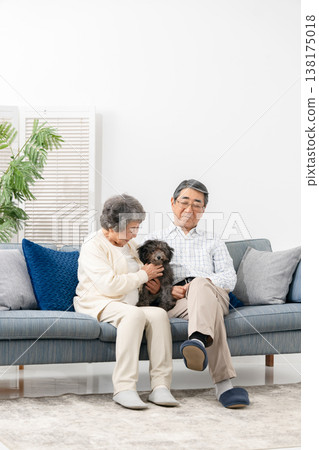 Senior couple spending time with their dog in the living room Senior couple spending time with their dog in the living room 138175018