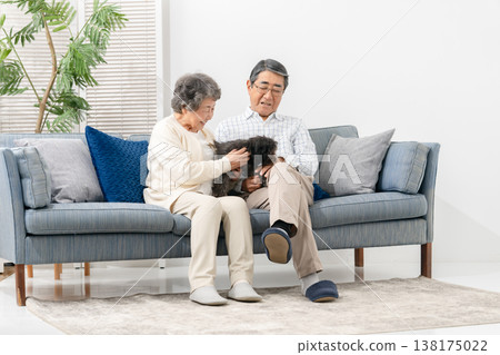 Senior couple spending time with their dog in the living room 138175022