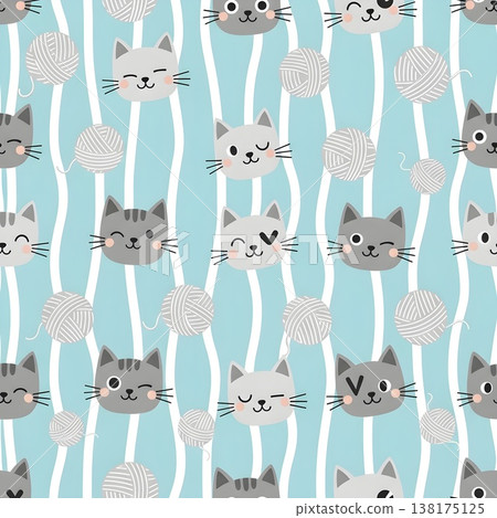 Cute Cartoon Cats and Yarn Balls Seamless Pattern Design 138175125