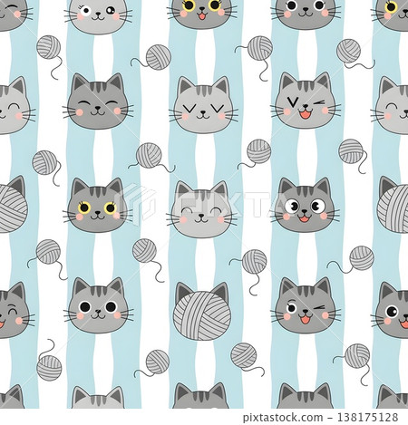 Cute Cartoon Cats Playful Yarn Balls Seamless Pattern 138175128