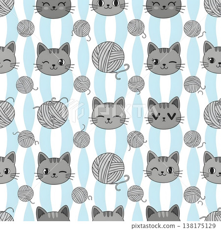 Cute Cartoon Cats and Yarn Balls Seamless Pattern 138175129