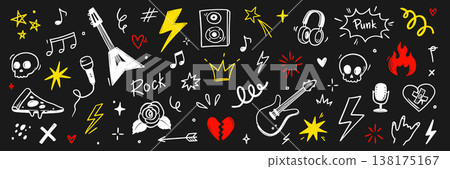 Hand drawn doodle music icons with rock elements, lightning bolts and graffiti style tattoo stickers for creative band designs on chalkboard. Marker sketch music icons. Vector Hand drawn doodle music icons with rock elements, lightning bolts and graffiti style tattoo stickers for creative band designs on chalkboard. Marker sketch music icons. Vector 138175167