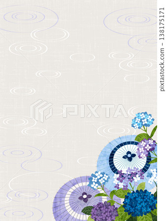 Japanese umbrella and hydrangeas, background, ripples, rainy season, Japanese style, white, vertical 138175171