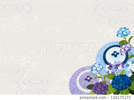 日式雨傘和繡球花，背景，漣漪，雨季，日式風格，白色，橫向 138175172