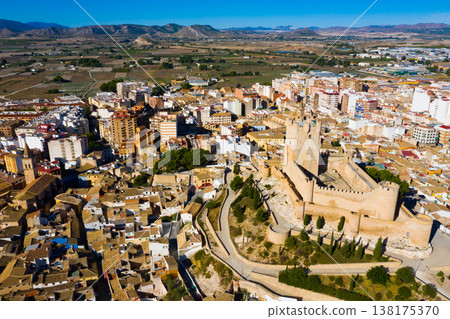 View from drone of Spanish city of Villena overlooking Castle de Atalaya View from drone of Spanish city of Villena overlooking Castle de Atalaya 138175370