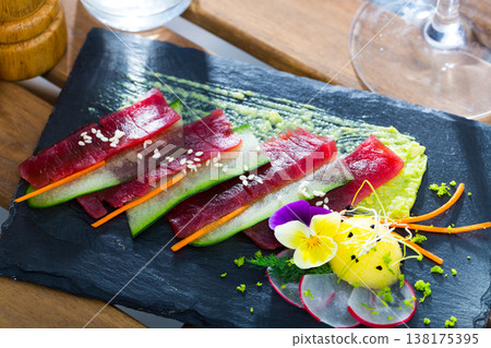Raw tuna sashimi with cucumber and avocado sauce Raw tuna sashimi with cucumber and avocado sauce 138175395