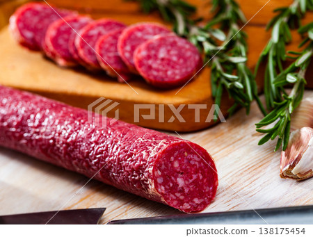 Sliced dry cured pork sausage Fuet Nobleza Sliced dry cured pork sausage Fuet Nobleza 138175454