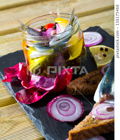 Fish dish - homemade pickling pilchards Fish dish - homemade pickling pilchards 138175468