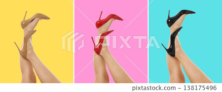 Three pairs of high heel shoes in various colors are displayed Three pairs of high heel shoes in various colors are displayed 138175496