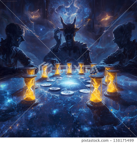 Mysterious beings and demons surround a shining hourglass in a cosmic space. 138175499