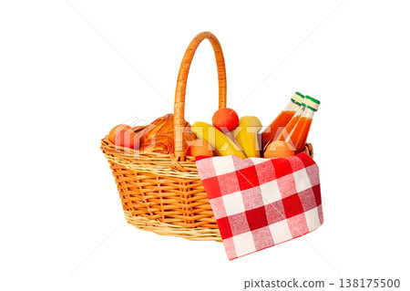 A woven basket filled with fruits and juices, isolated on white, PNG A woven basket filled with fruits and juices, isolated on white, PNG 138175500