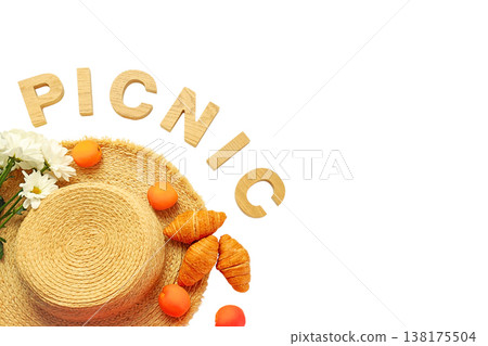 Picnic scene with hat, fruits, pastries, isolated on white, PNG 138175504