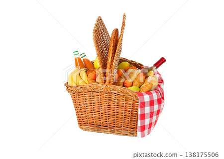 Basket full of fresh food and drinks, isolated on white, PNG Basket full of fresh food and drinks, isolated on white, PNG 138175506