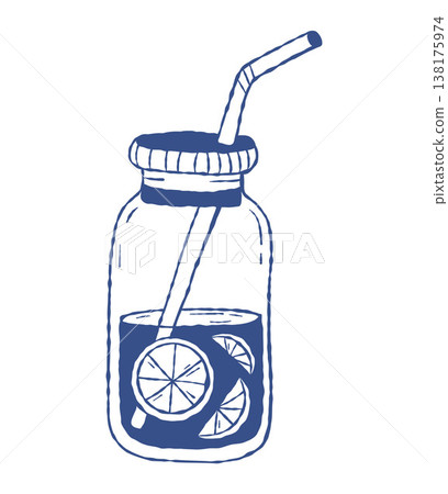 Detox Water Glass Jar with Bamboo Straw and Lemon Slices. Morning Wellness Ritual and Healthy Hydration Concept Outline Blue Hand Drawn. Vector Illustration. 138175974