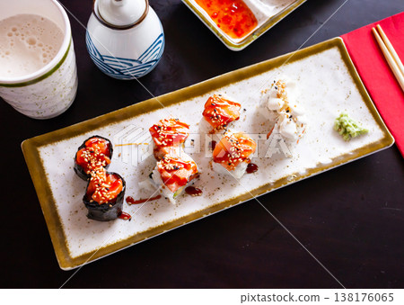 Combined sushi - california, nigiri, variado closeup Combined sushi - california, nigiri, variado closeup 138176065