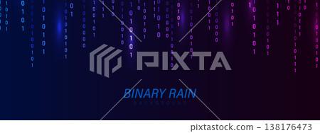 Binary Rain background. Falling numbers and hacker code on computer. Glowing programming symbols on neon backdrop. Vector illustration Binary Rain background. Falling numbers and hacker code on computer. Glowing programming symbols on neon backdrop. Vector illustration 138176473