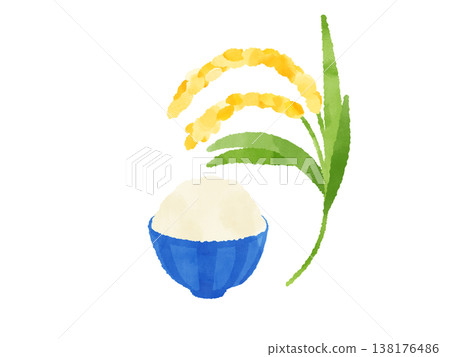 稻稈和一碗米飯－水彩插畫，可愛，風格化，藍色碗，日本食物，農業，材料 138176486
