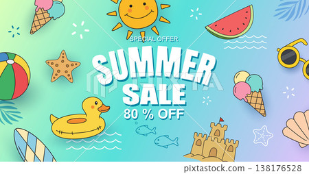 Colorful summer sale banner with cute hand drawn for shopping promotion background. Colorful summer sale banner with cute hand drawn for shopping promotion background. 138176528