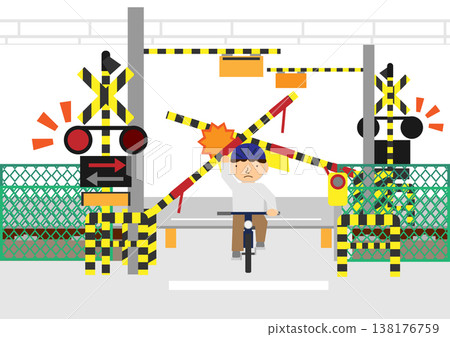 An illustration of a dangerous cyclist forcing their way through a railroad crossing by manually lifting the lowering barrier. 138176759