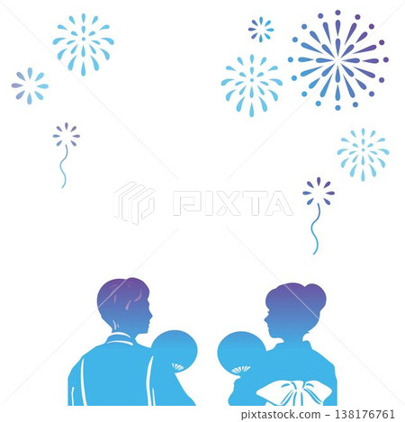Silhouettes of a man and woman enjoying a fireworks display - Illustration - Seasonal event background 138176761