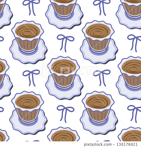 Seamless Pattern of minimal Coffee cup and ribbon bow in Mediterranean hand drawn style Flat design. Isolated Vector illustration Wrapping or Wallpaper backdrop Motivation or mood cards, media post Seamless Pattern of minimal Coffee cup and ribbon bow in Mediterranean hand drawn style Flat design. Isolated Vector illustration Wrapping or Wallpaper backdrop Motivation or mood cards, media post 138176821
