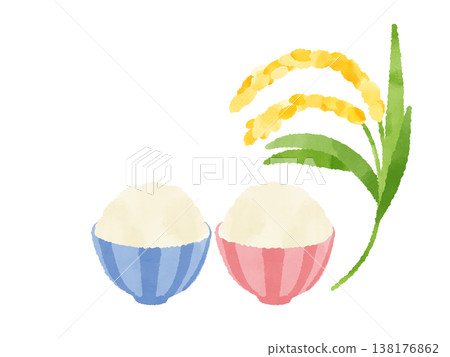 A pair of rice bowls and rice stalks - watercolor illustration, cute, stylized, blue and pink, rice, Japanese food, agriculture, material. A pair of rice bowls and rice stalks - watercolor illustration, cute, stylized, blue and pink, rice, Japanese food, agriculture, material. 138176862