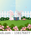 Poster campaign of world book day,cute cartoon rabbits animals reading book on beautiful garden 138176877