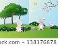 Poster campaign of world book day,Back to school,Education concept with cute cartoon rabbits animls reading books on beautiful garden 138176878