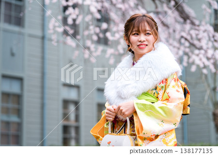 日本女性身著振袖和服,在櫻花樹下慶祝成年禮。 日本女性身著振袖和服,在櫻花樹下慶祝成年禮。 138177135