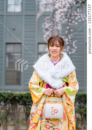 日本女性身著振袖和服,在櫻花樹下慶祝成年禮。 日本女性身著振袖和服,在櫻花樹下慶祝成年禮。 138177137