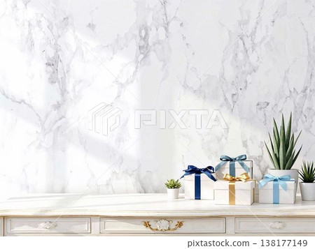 A gift box decorated with navy blue, light blue, and orange ribbons against a white background. 138177149