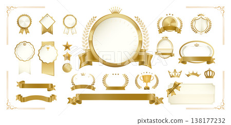 香檳金徽章與標籤套裝（無文字）| 月桂花環、皇冠、緞帶 - 高品質向量素材 138177232