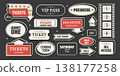 Retro cinema ticket sticker set with admit one tickets, VIP pass, box office signs and film strip elements in vintage 1950s mid century style. Classic vector illustration for movie entertainment 138177258