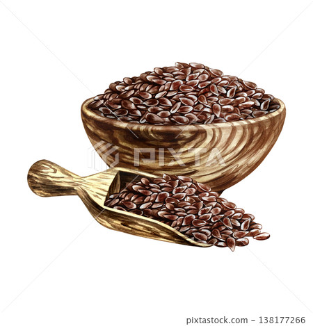 Flaxseed in a wooden bowl and scoop. Hand-drawn watercolor illustration. Element of label and packaging design, as well as banners, posters, and more Flaxseed in a wooden bowl and scoop. Hand-drawn watercolor illustration. Element of label and packaging design, as well as banners, posters, and more 138177266