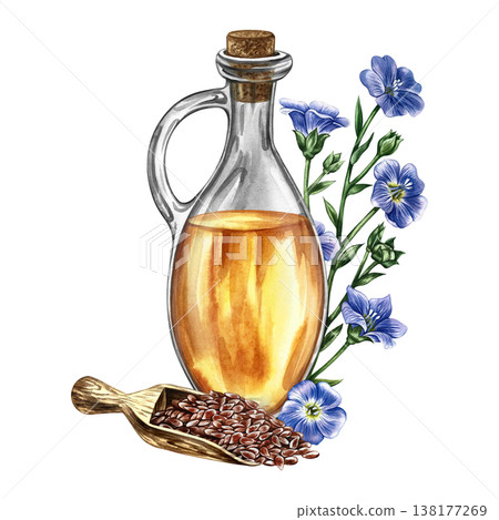 Flaxseed oil. Hand-drawn watercolor illustration. Glass bottle with oil, flax seeds in a wooden scoop, and flax flowers. Element of label and packaging design, banners, posters, and more. Flaxseed oil. Hand-drawn watercolor illustration. Glass bottle with oil, flax seeds in a wooden scoop, and flax flowers. Element of label and packaging design, banners, posters, and more. 138177269
