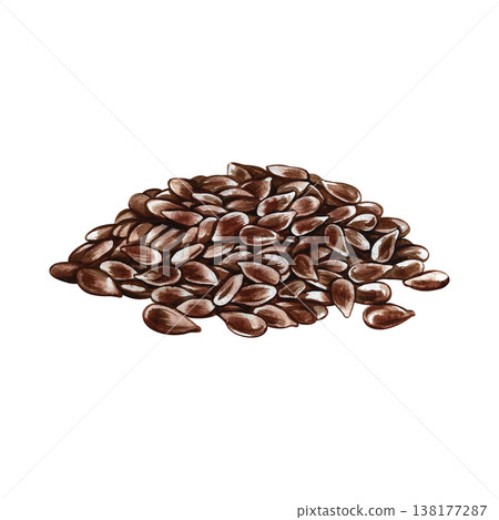 Flaxseed. Hand-drawn watercolor illustration. A handful of flaxseed. Design element for labels and packaging, as well as for banners, posters, and more. 138177287