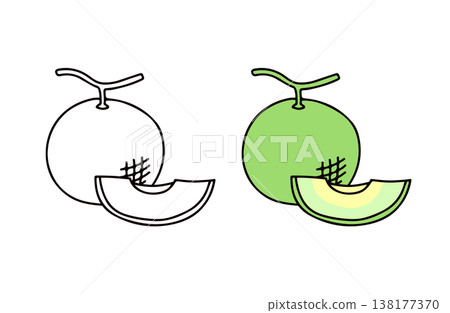 一組彩色和黑白相間的甜瓜插圖。 138177370