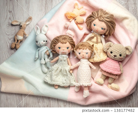 knitted bear dolls and animals in a flat lay with copy space for tex knitted bear dolls and animals in a flat lay with copy space for tex 138177482