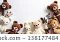 knitted bear dolls and animals in a flat lay with copy space for tex 138177484